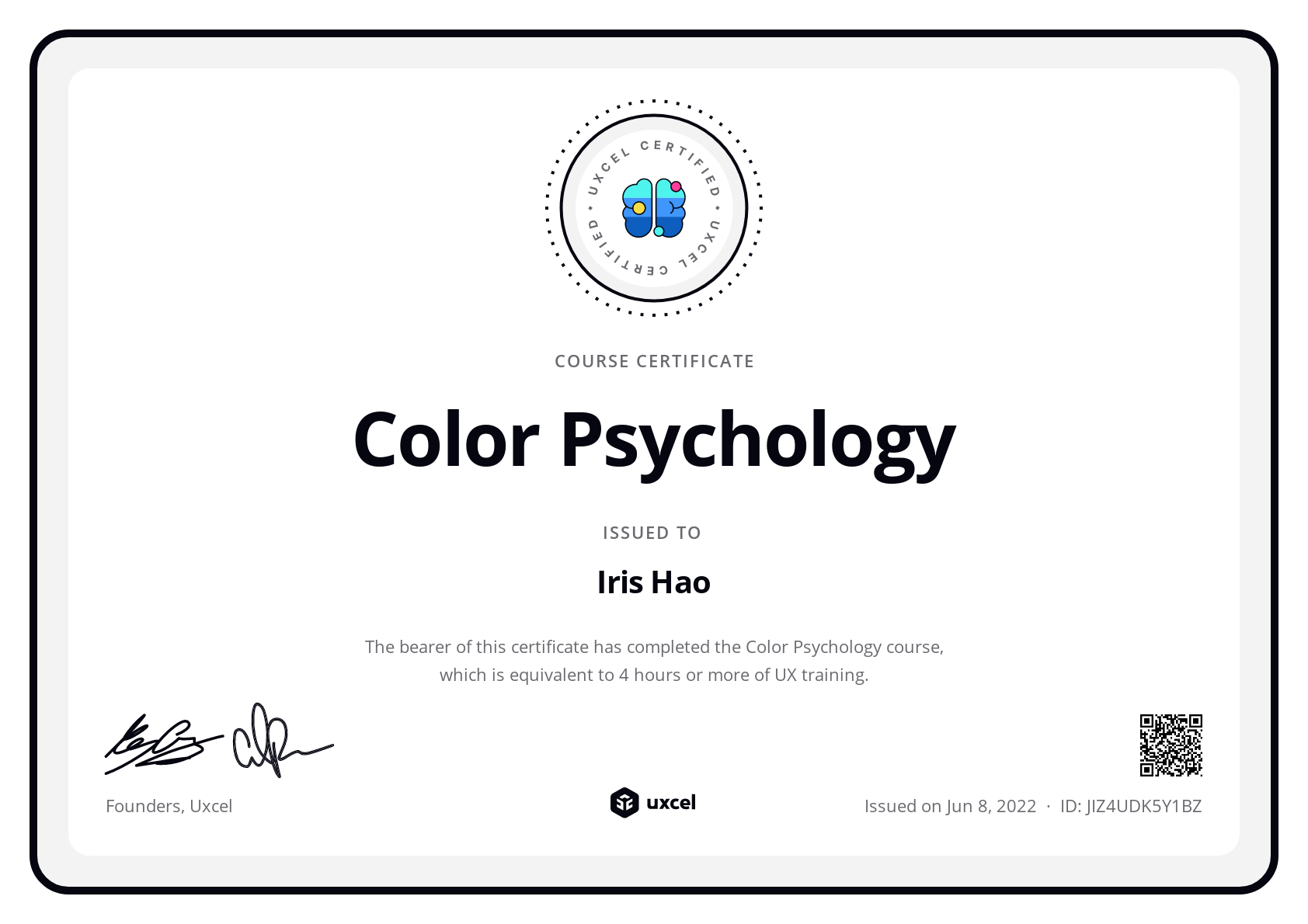 Iris Hao's certificate